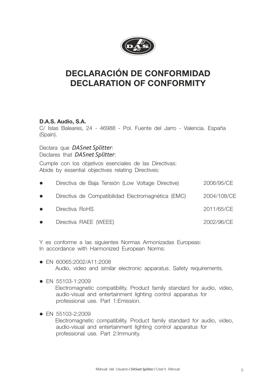 D.A.S. Audio DASnet Splitter User Manual | Page 5 / 12