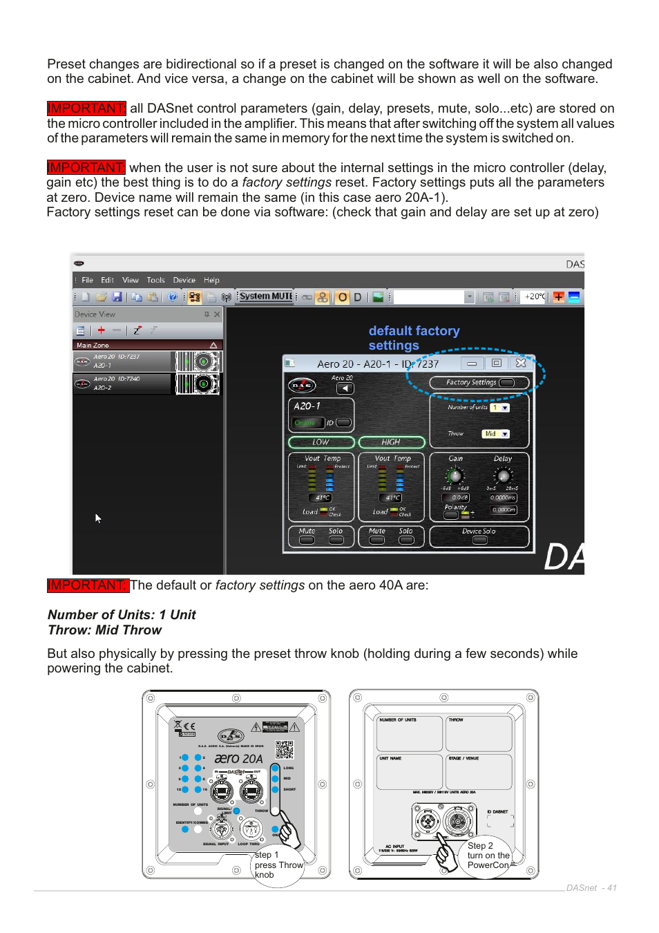 Default factory settings, Dasnet - 41 | D.A.S. Audio DASnet V1.5 User Manual | Page 41 / 70