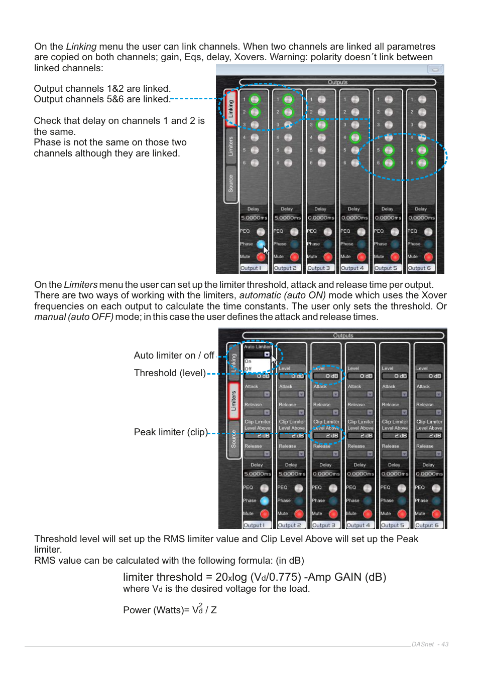 Limiter threshold = 20, Log (v, 775) -amp gain (db) | D.A.S. Audio DASnet V1.5 User Manual | Page 43 / 70