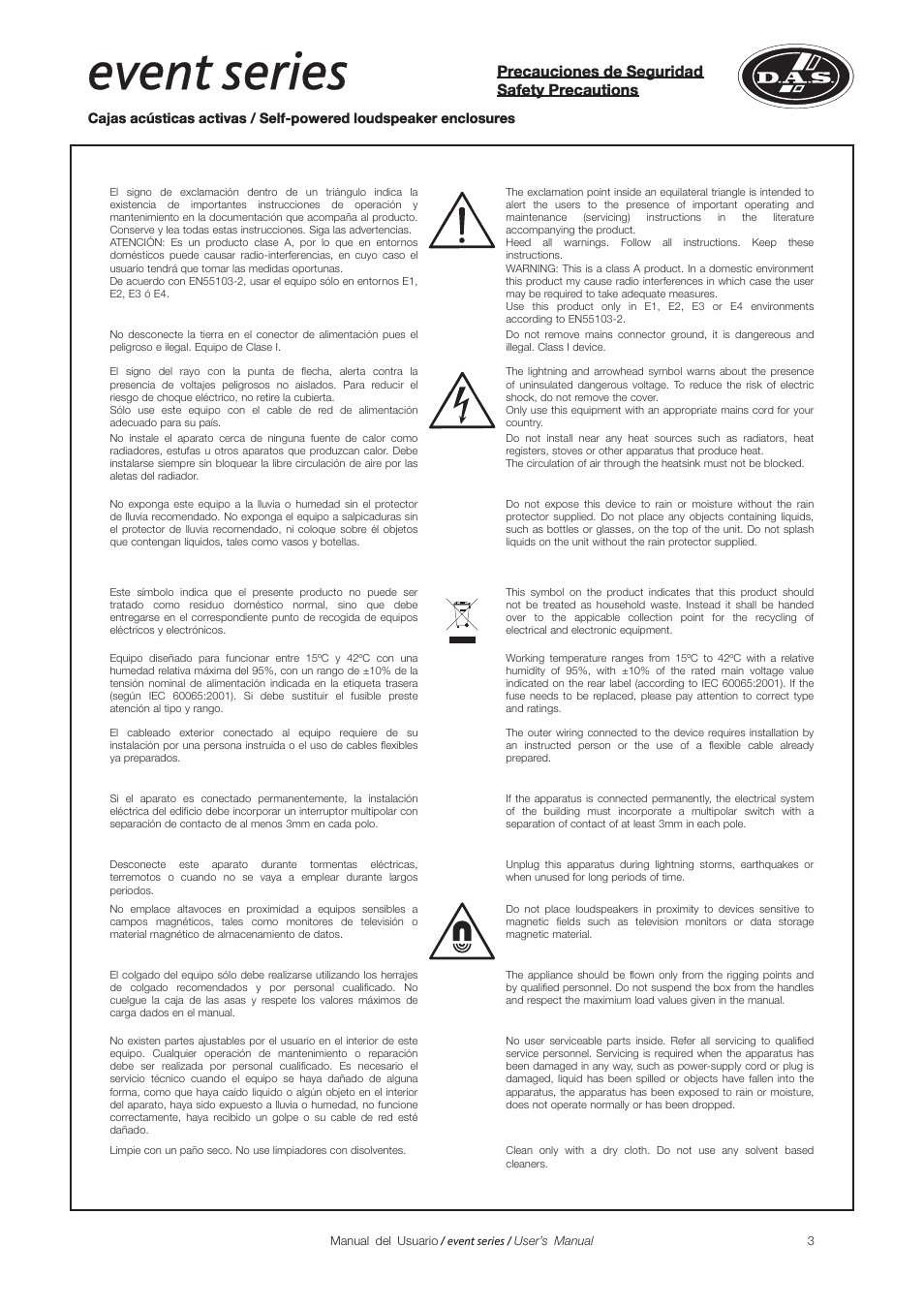 Event series, Precauciones de seguridad safety precautions | D.A.S. Audio Event series User Manual | Page 3 / 19