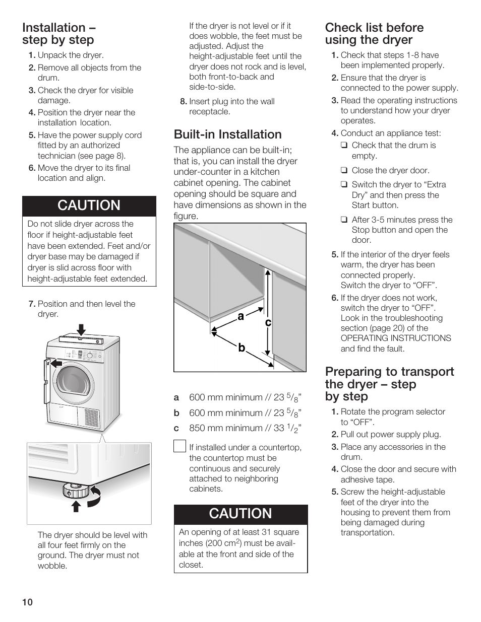 Caution, Installation ć step by step, Builtćin installation | Check list before using the dryer, Preparing to transport the dryer ć step by step | Bosch T20-UL User Manual | Page 10 / 24