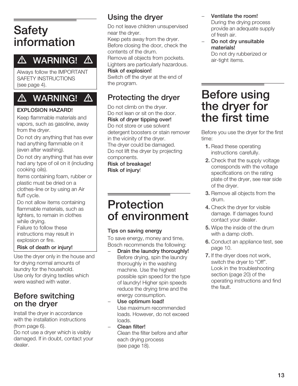 Safety information, Protection of environment, Before using the dryer for the first time | Warning, Before switching on the dryer, Using the dryer, Protecting the dryer | Bosch T20-UL User Manual | Page 13 / 24