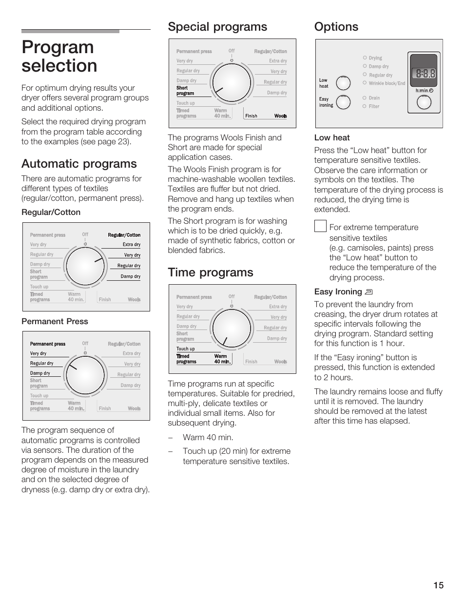 Program selection, Automatic programs, Special programs | Time programs, Options | Bosch T20-UL User Manual | Page 15 / 24