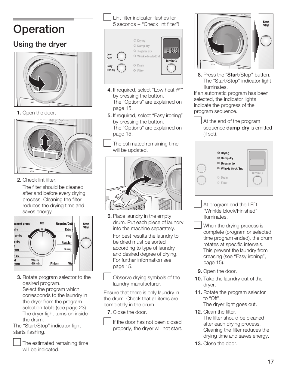 Operation, Using the dryer | Bosch T20-UL User Manual | Page 17 / 24