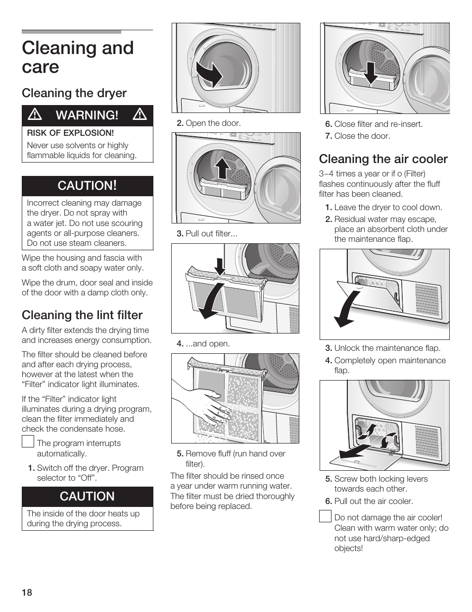 Cleaning and care, Cleaning the dryer, Warning | Caution, Cleaning the lint filter, Cleaning the air cooler | Bosch T20-UL User Manual | Page 18 / 24