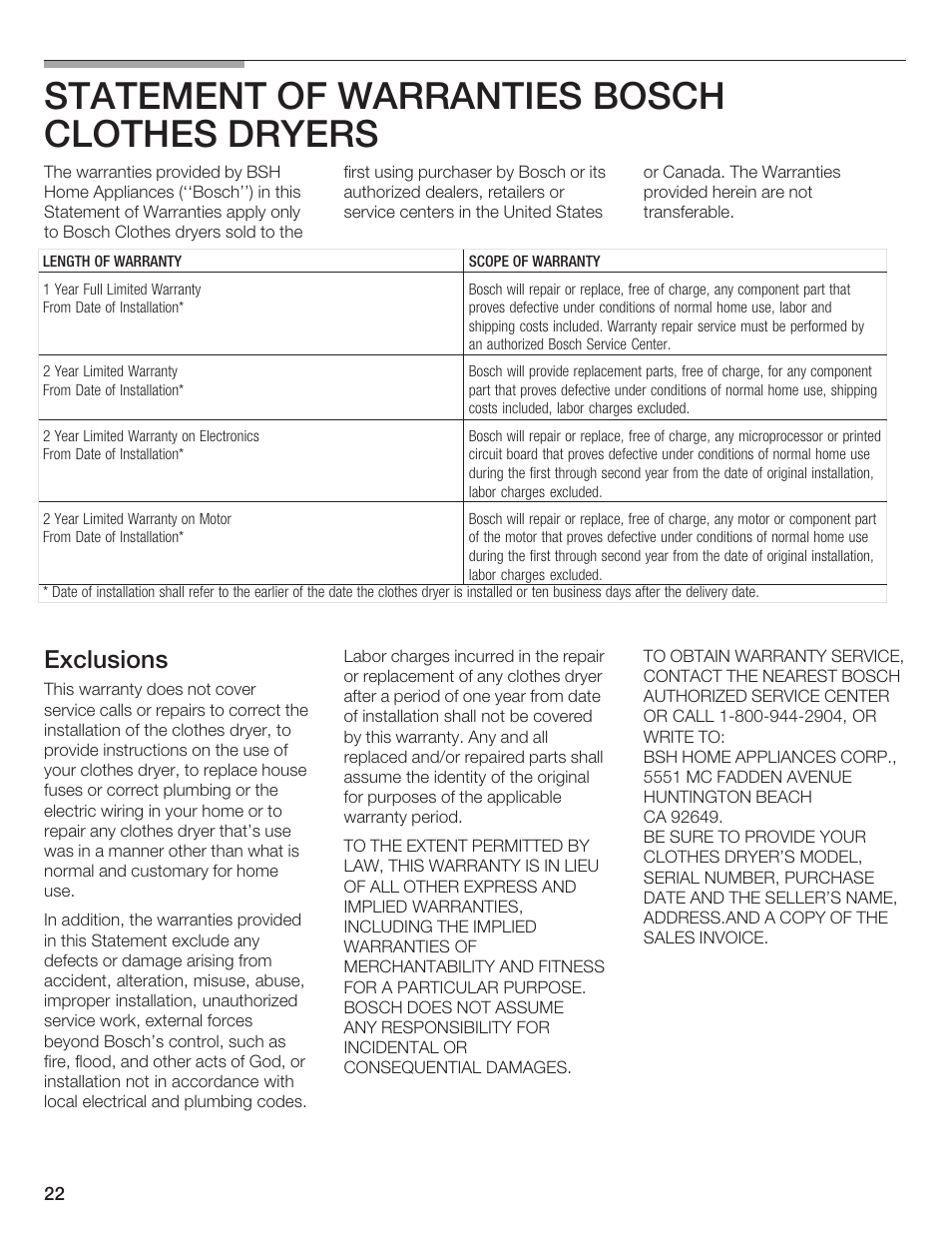 Statement of warranties bosch clothes dryers, Exclusions | Bosch T20-UL User Manual | Page 22 / 24