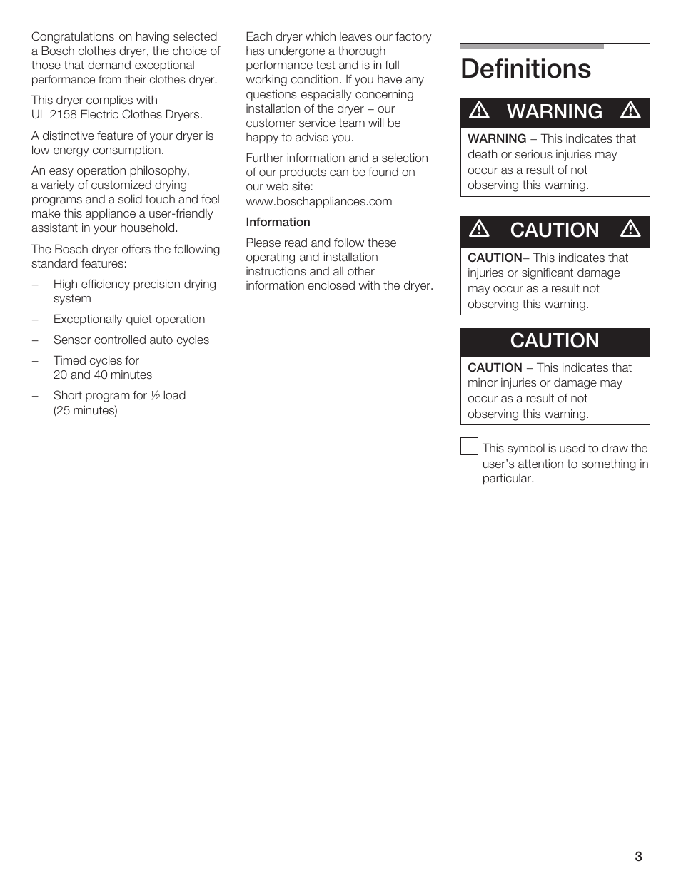 Definitions, Warning, Caution | Bosch T20-UL User Manual | Page 3 / 24