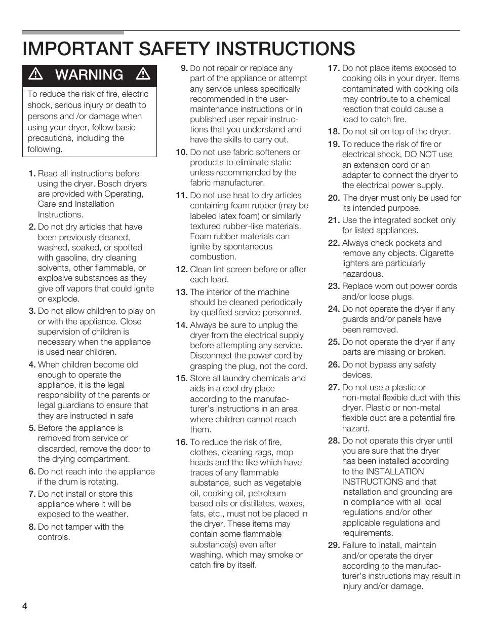 Important safety instructions, Warning | Bosch T20-UL User Manual | Page 4 / 24