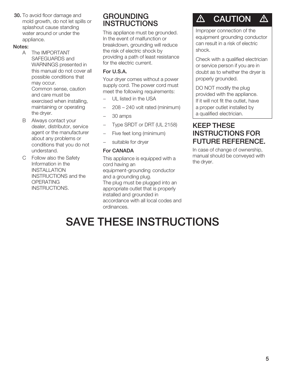 Save these instructions, Caution, Grounding instructions | Keep these instructions for future reference | Bosch T20-UL User Manual | Page 5 / 24
