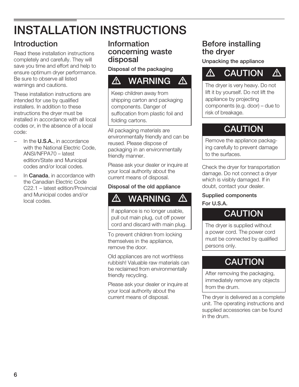 Installation instructions, Warning, Caution | Bosch T20-UL User Manual | Page 6 / 24