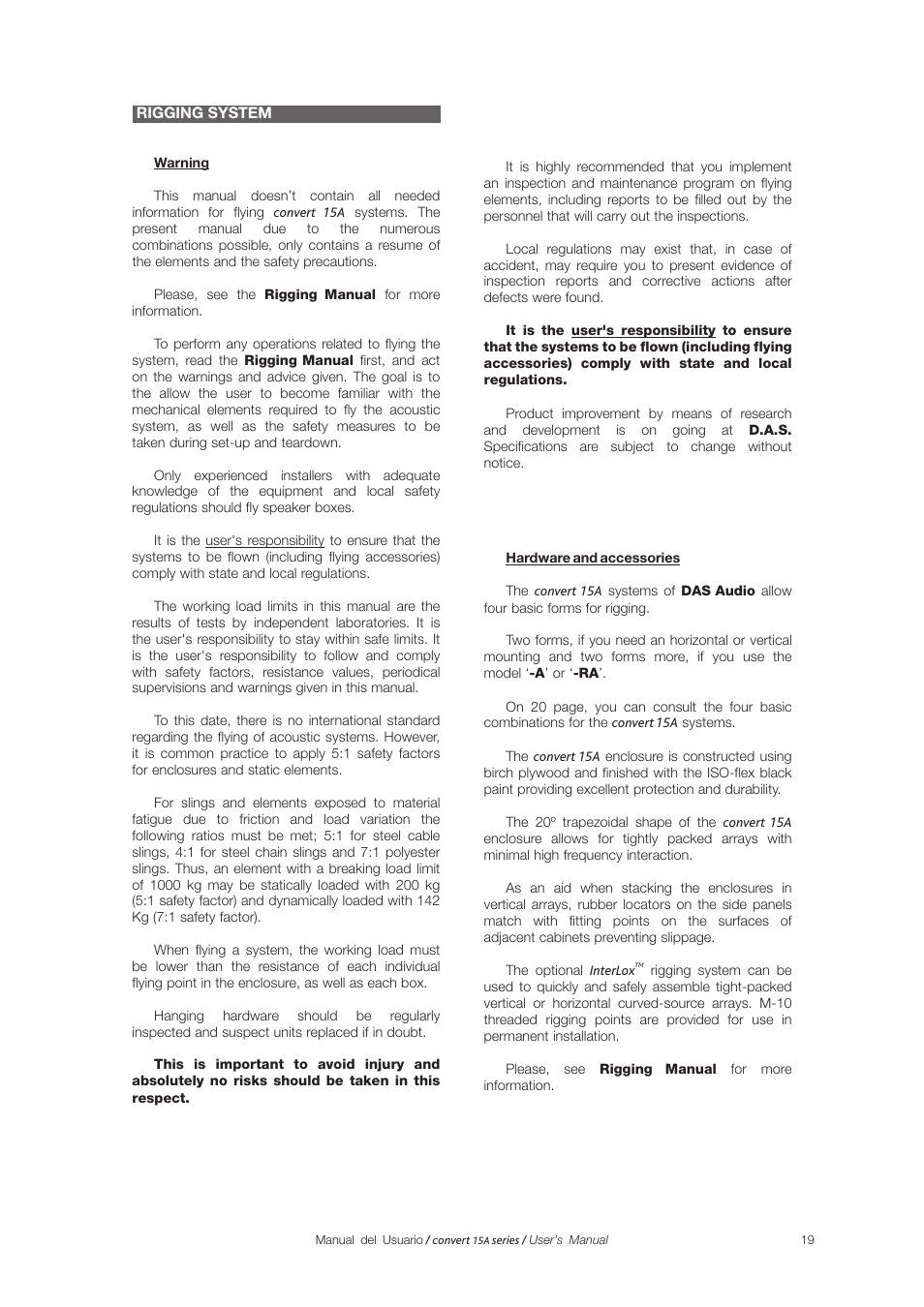 19 a 20, Rigging system | D.A.S. Audio Convert 15A series User Manual | Page 19 / 22