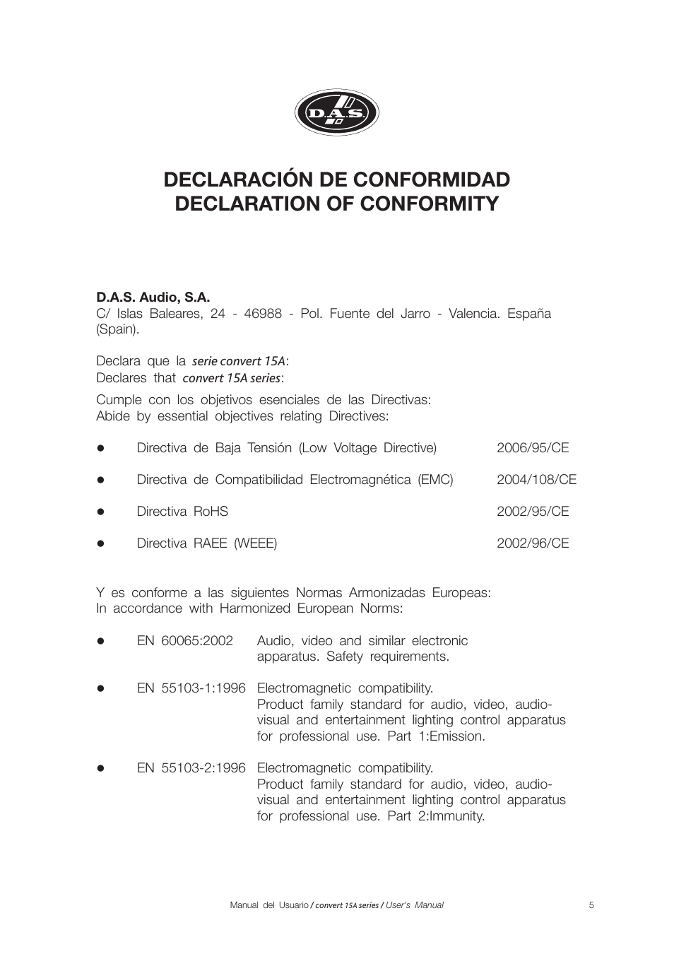 Declaration of conformity | D.A.S. Audio Convert 15A series User Manual | Page 5 / 22