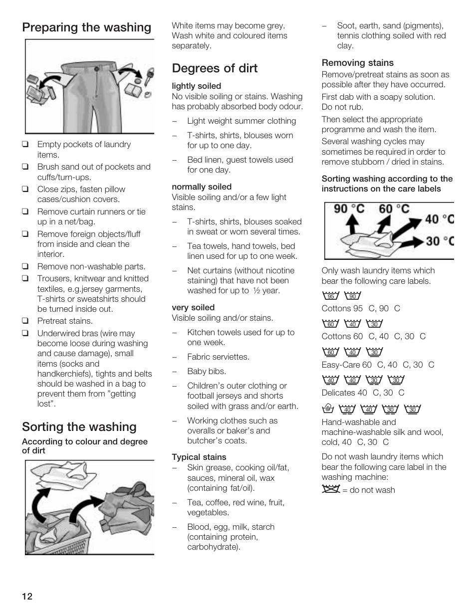 Preparing the washing, Sorting the washing, Degrees of dirt | Bosch LOGIXX 9 User Manual | Page 12 / 34