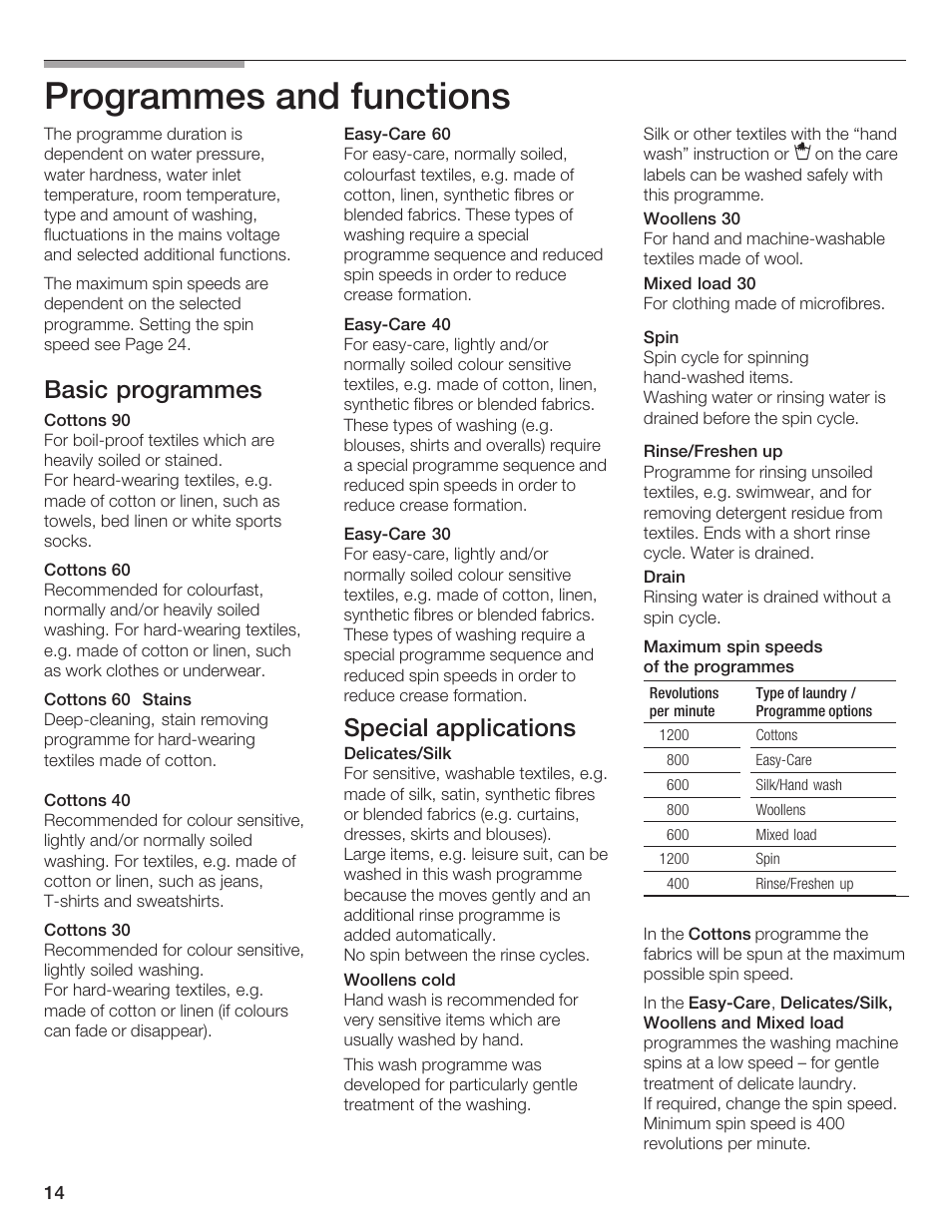 Programmes and functions, Basic programmes, Special applications | Bosch LOGIXX 9 User Manual | Page 14 / 34