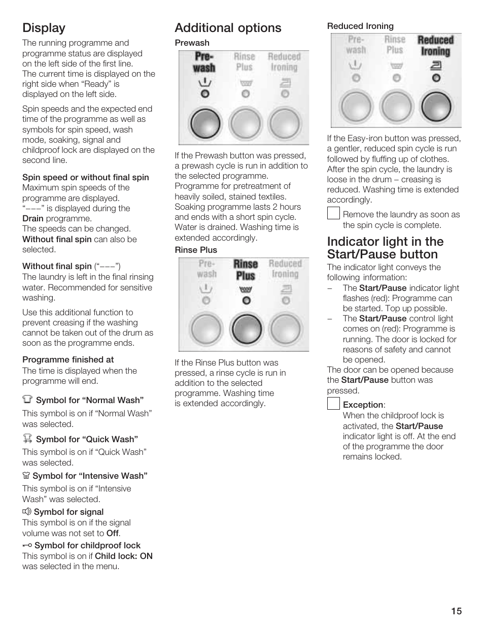 Display, Additional options, Indicator light in the start/pause button | Bosch LOGIXX 9 User Manual | Page 15 / 34