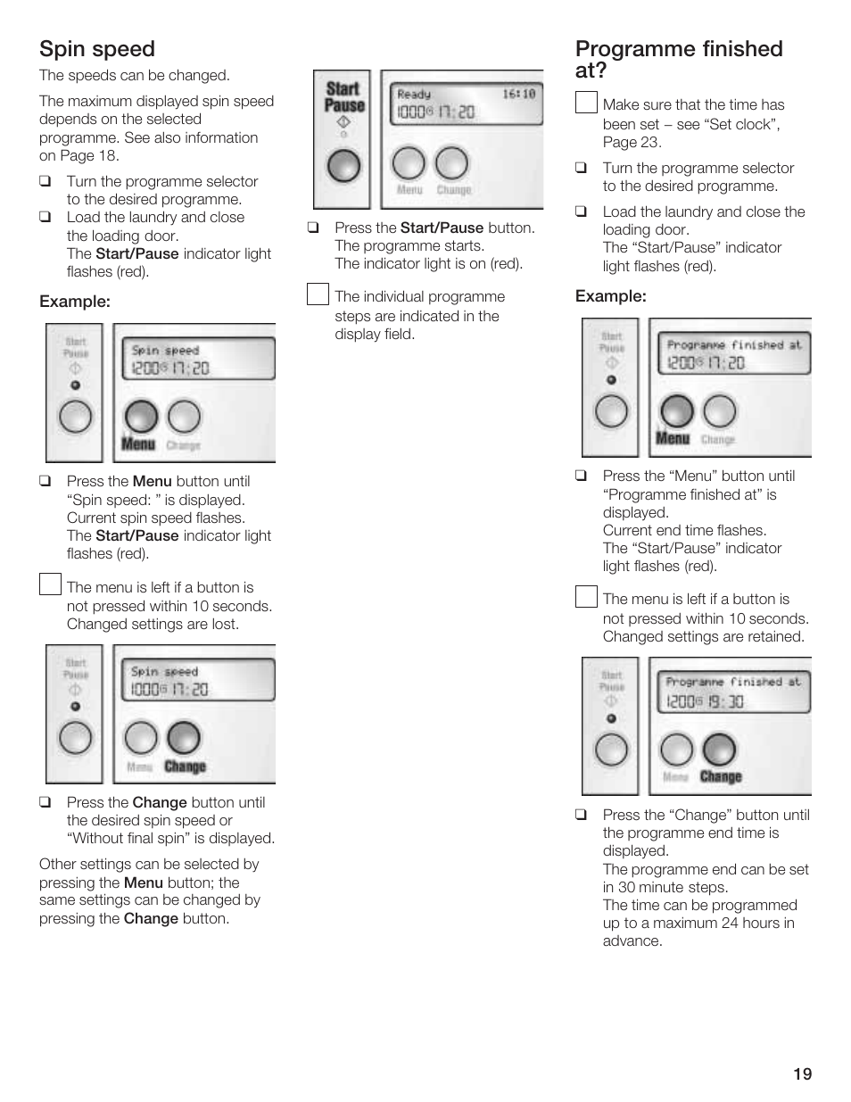 Spin speed, Programme finished at | Bosch LOGIXX 9 User Manual | Page 19 / 34