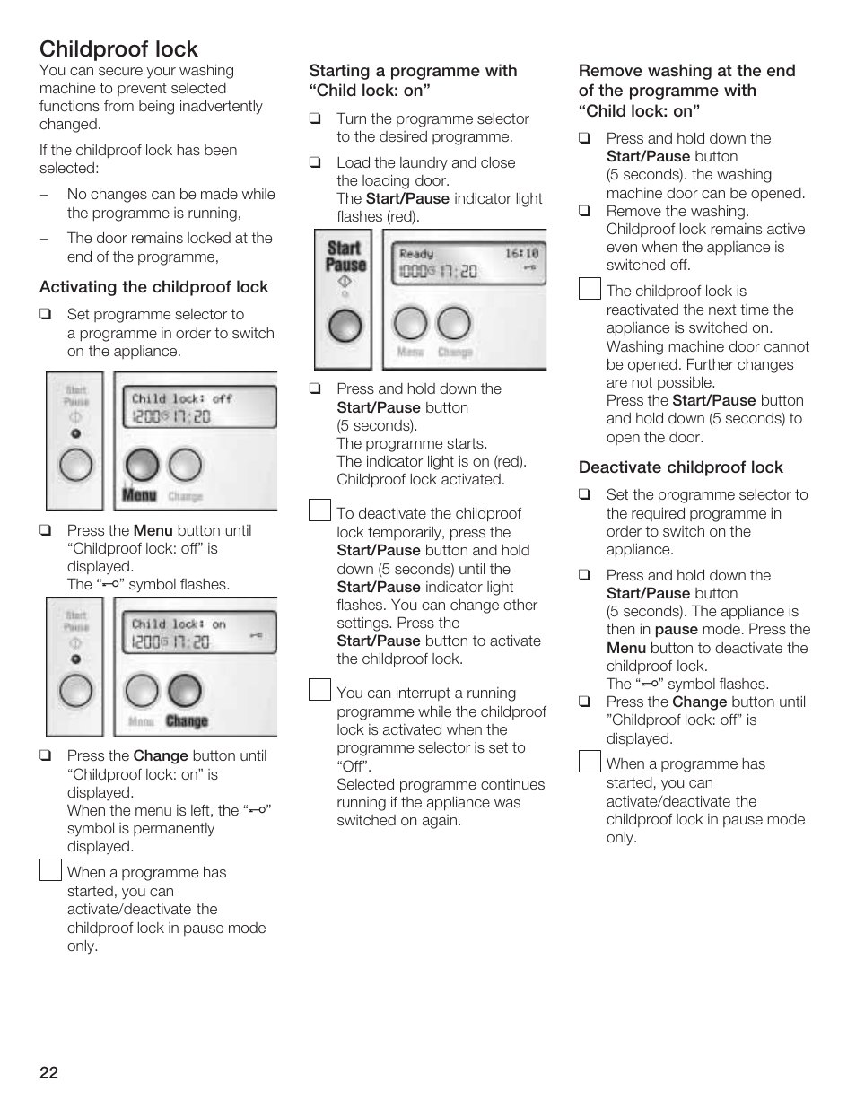 Childproof lock | Bosch LOGIXX 9 User Manual | Page 22 / 34