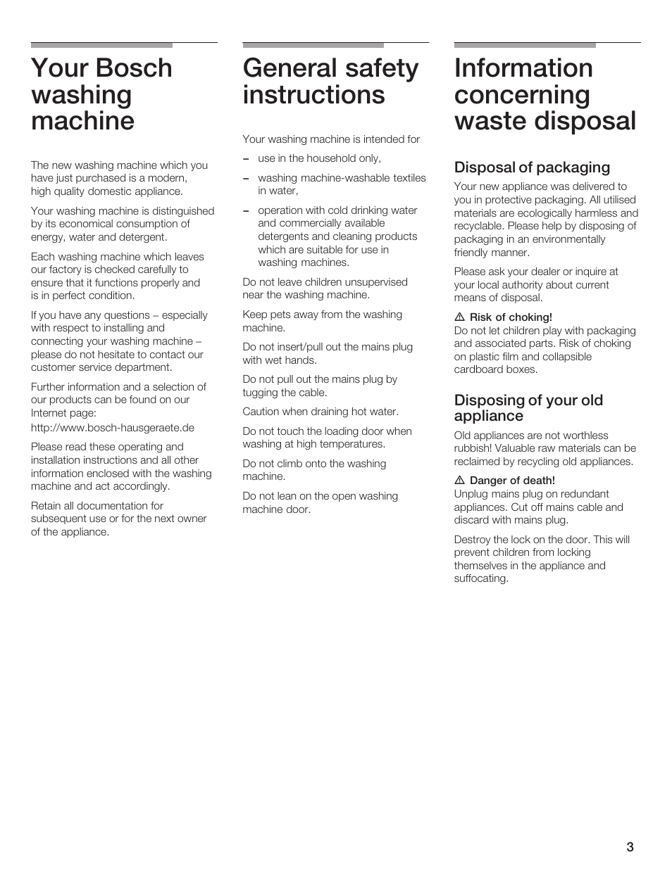 Your bosch washing machine, General safety instructions, Information concerning waste disposal | Bosch LOGIXX 9 User Manual | Page 3 / 34