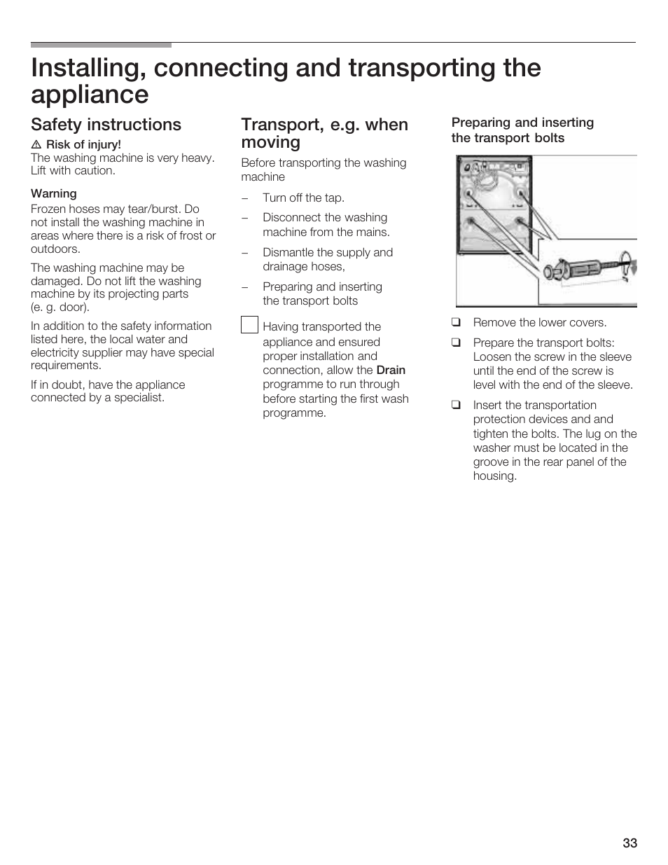 Safety instructions, Transport, e.g. when moving | Bosch LOGIXX 9 User Manual | Page 33 / 34
