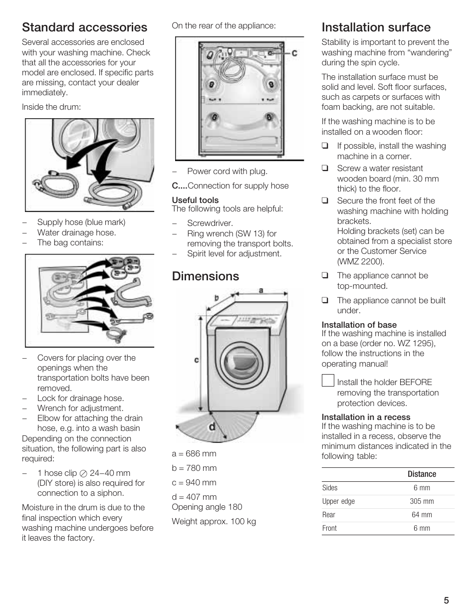 Standard accessories, Dimensions, Installation surface | Bosch LOGIXX 9 User Manual | Page 5 / 34