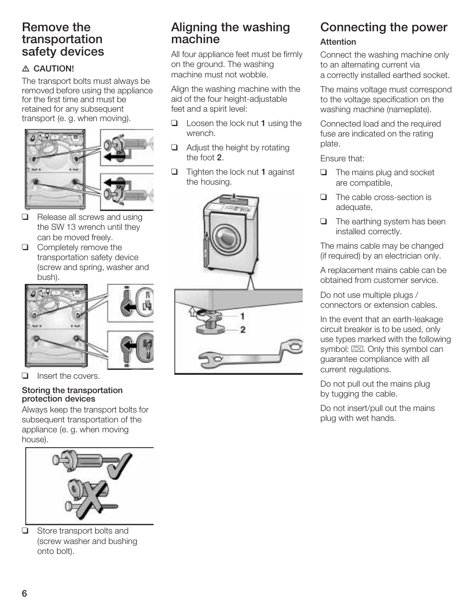 Remove the transportation safetyădevices, Aligning the washing machine, Connecting the power | Bosch LOGIXX 9 User Manual | Page 6 / 34