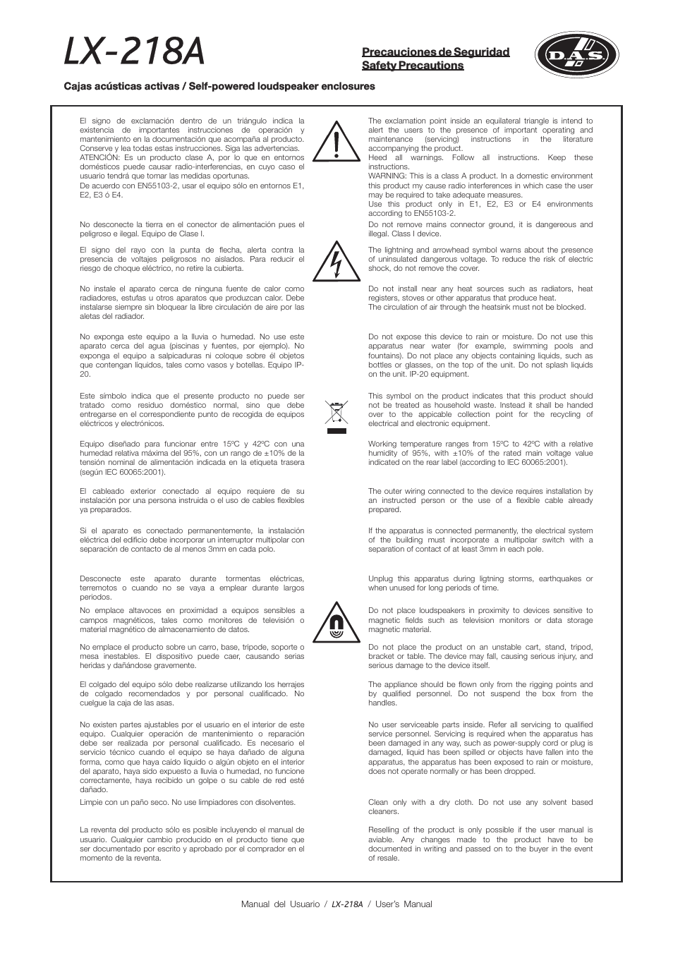 Lx-218a, Precauciones de seguridad safety precautions | D.A.S. Audio LX-218A User Manual | Page 3 / 18