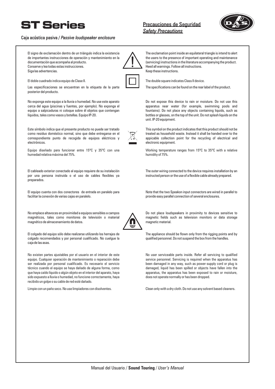 St series, Precauciones de seguridad safety precautions | D.A.S. Audio ST Series User Manual | Page 3 / 24