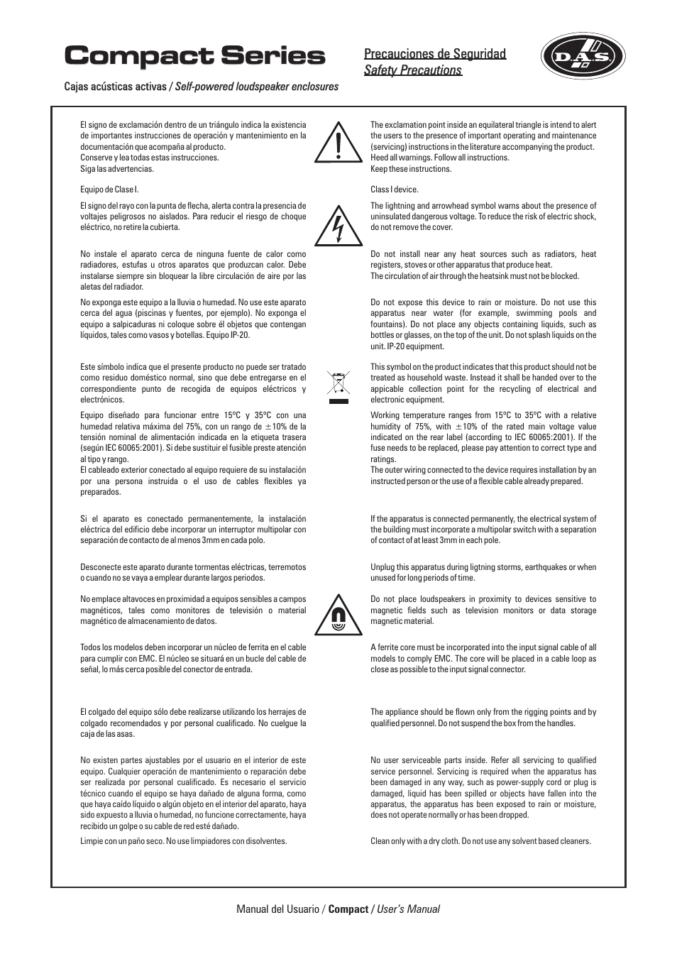 Compact series, Precauciones de seguridad safety precautions | D.A.S. Audio Compact Series User Manual | Page 3 / 44