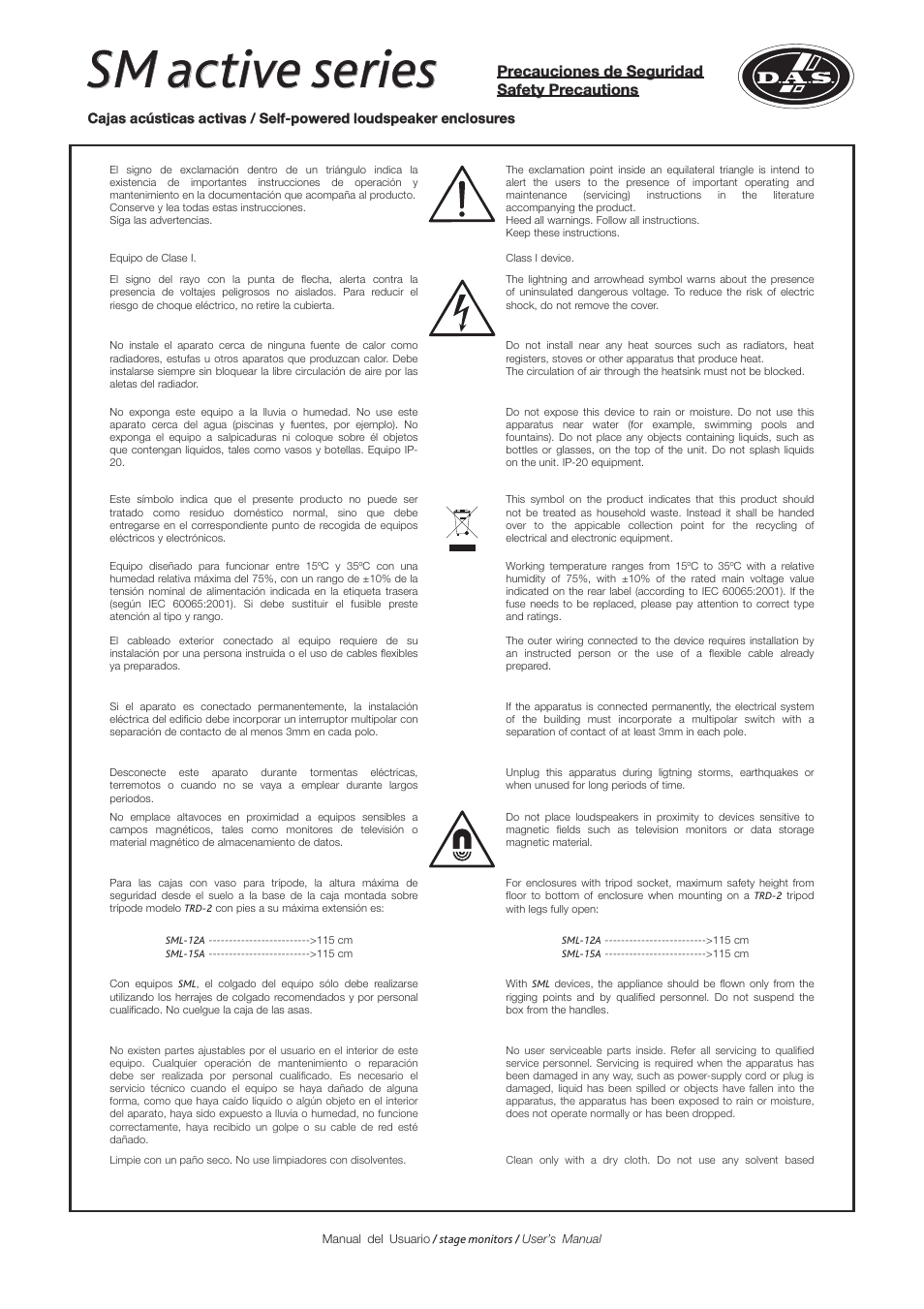 Sm active series, Precauciones de seguridad safety precautions | D.A.S. Audio SM Series User Manual | Page 3 / 24