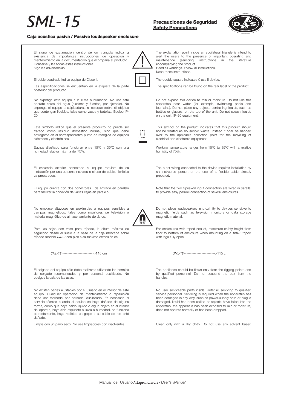 Sml-15, Precauciones de seguridad safety precautions | D.A.S. Audio SM Series User Manual | Page 5 / 24