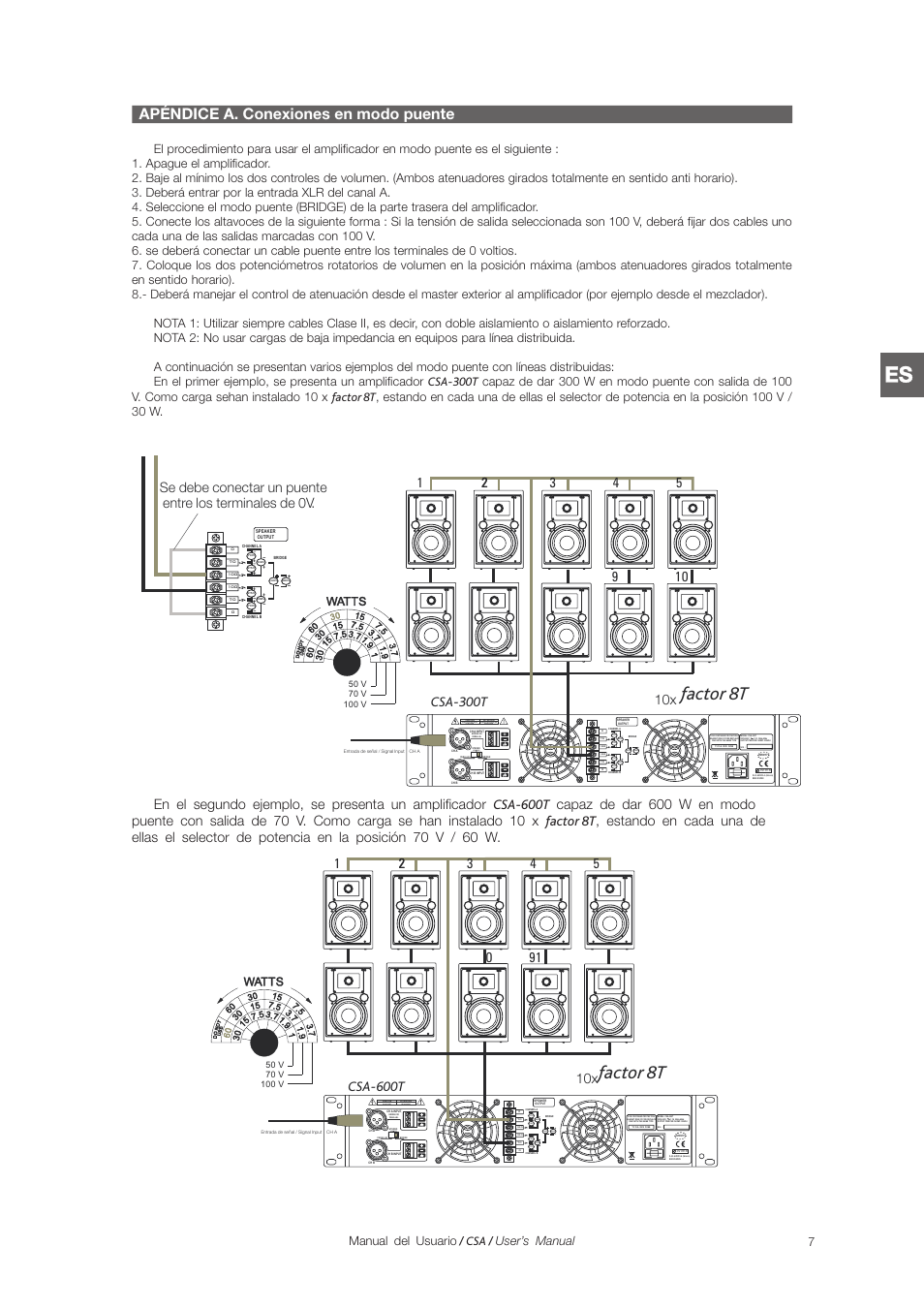 Factor 8t, Apéndice a. conexiones en modo puente, Watts | Manual del usuario / csa / user’s manual | D.A.S. Audio CSA Series User Manual | Page 13 / 32