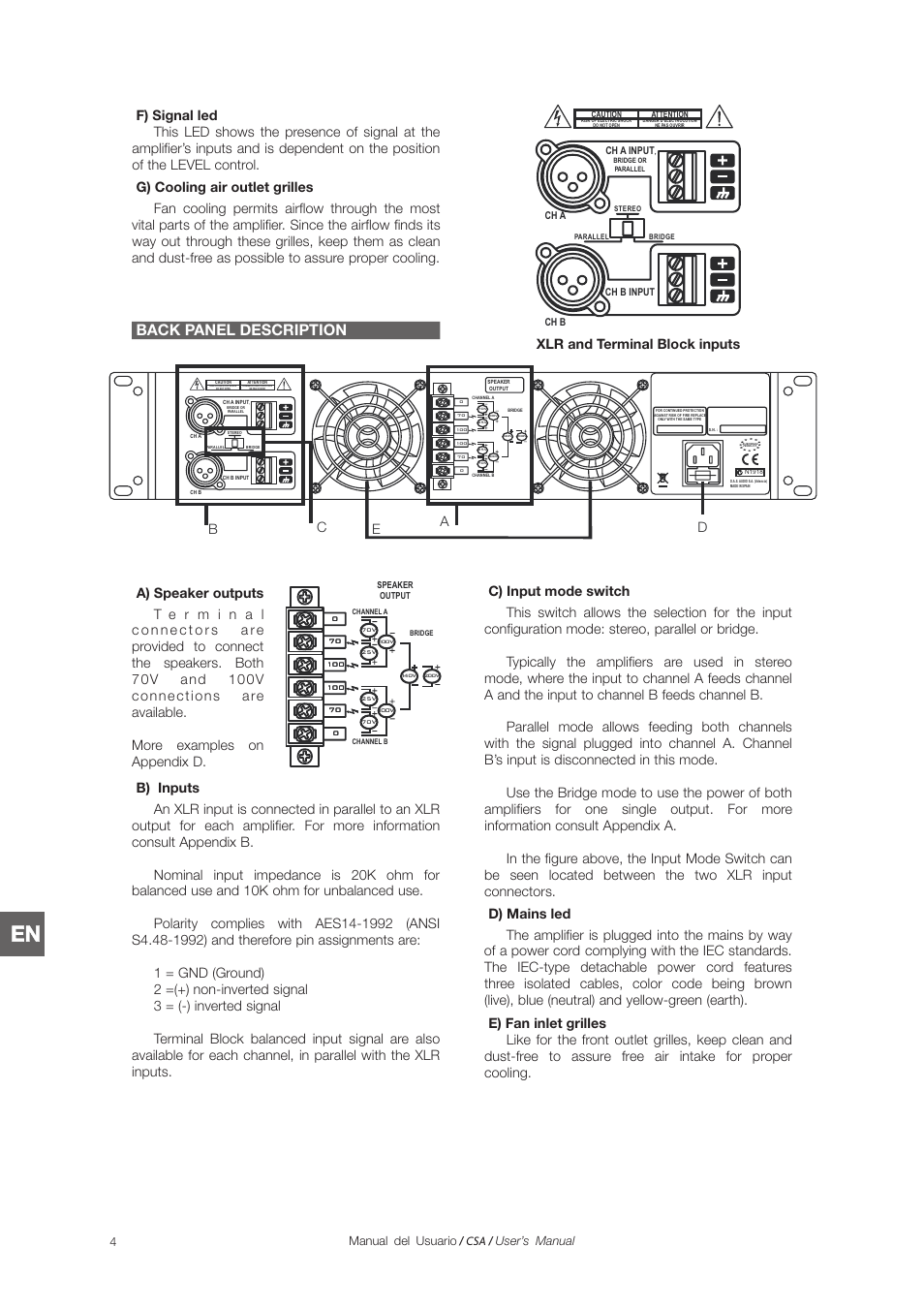 Back panel description, Ab c d e, Xlr and terminal block inputs | D.A.S. Audio CSA Series User Manual | Page 22 / 32