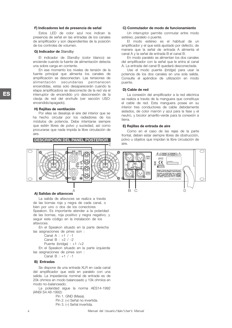 Descripción del panel posterior, Ab c d e | D.A.S. Audio SLA Series User Manual | Page 10 / 28