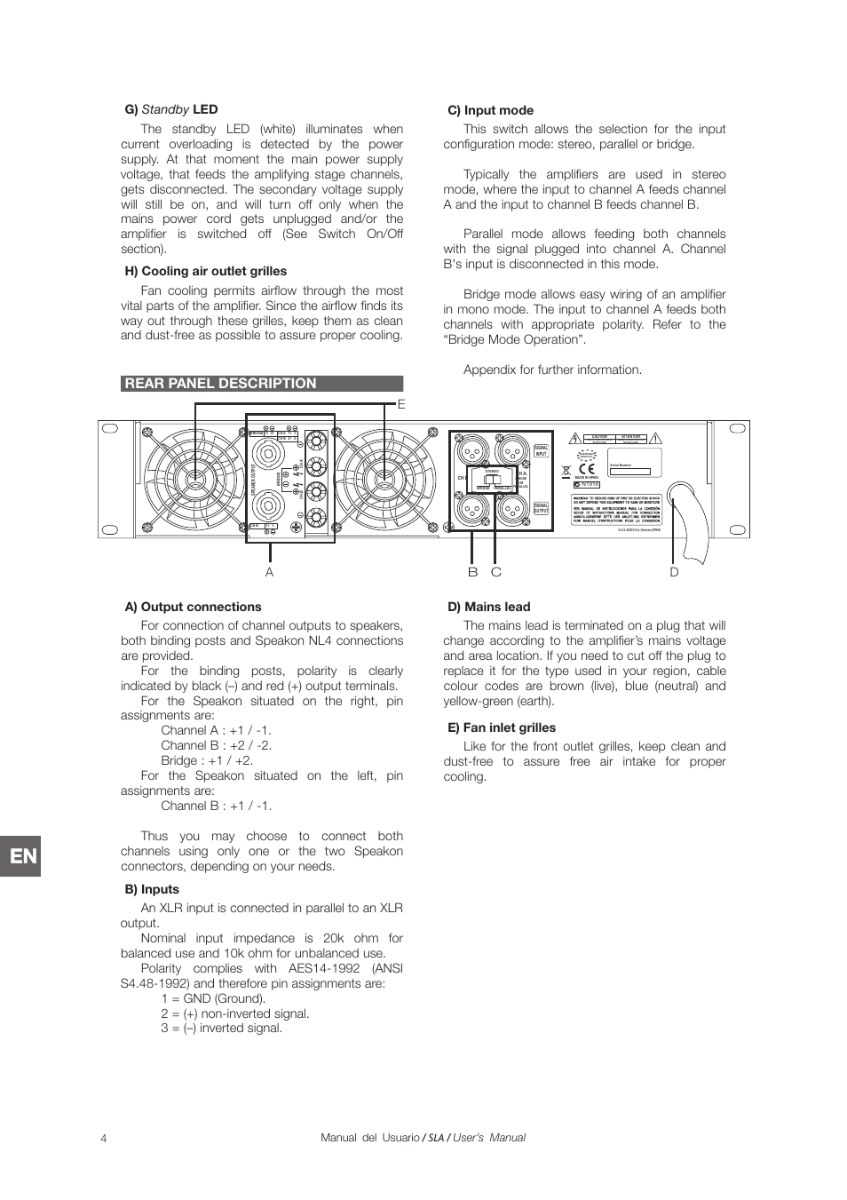 Rear panel description | D.A.S. Audio SLA Series User Manual | Page 20 / 28