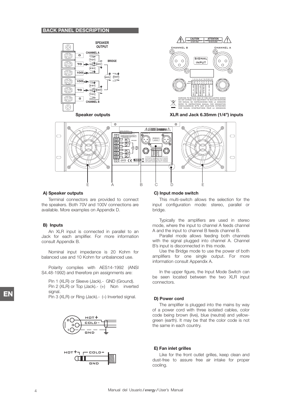 Back panel description, Gnd cold hot gnd cold hot 2 3 1, Manual del usuario user’s manual / energy | D.A.S. Audio Energy Series User Manual | Page 20 / 28