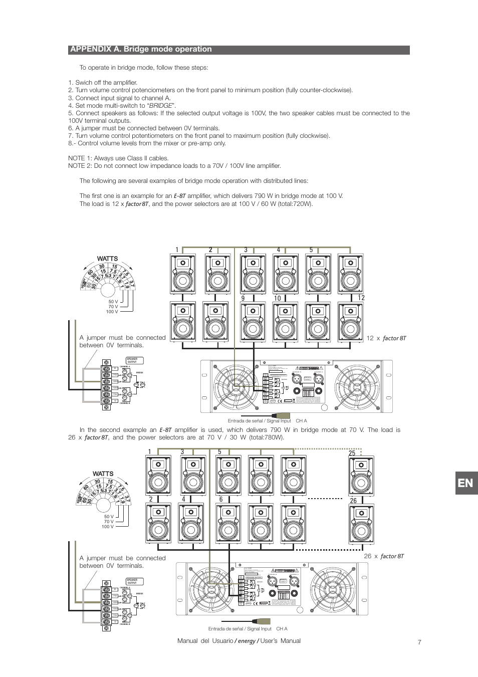 Appendix a. bridge mode operation, Not in use, No ti nu s e | 12 x factor 8t, Watts, 26 x factor 8t, A jumper must be connected between 0v terminals, Manual del usuario user’s manual / energy | D.A.S. Audio Energy Series User Manual | Page 23 / 28