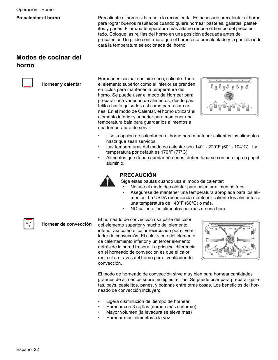Precalentar el horno, Modos de cocinar del horno, Hornear y calentar | Hornear de convección | Bosch ELECTRIC FREE-STANDING CONVECTION RANGE User Manual | Page 100 / 120