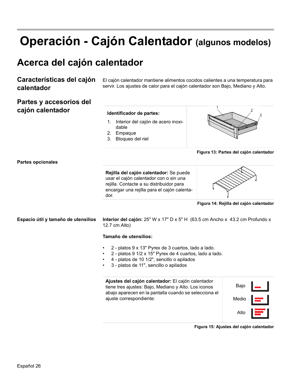 Operación - cajón calentador (algunos modelos), Acerca del cajón calentador, Características del cajón calentador | Partes y accesorios del cajón calentador, Interior del cajón de acero inoxidable, Empaque, Bloqueo del riel, Figura 13: partes del cajón calentador, Partes opcionales, Figura 14: rejilla del cajón calentador | Bosch ELECTRIC FREE-STANDING CONVECTION RANGE User Manual | Page 104 / 120