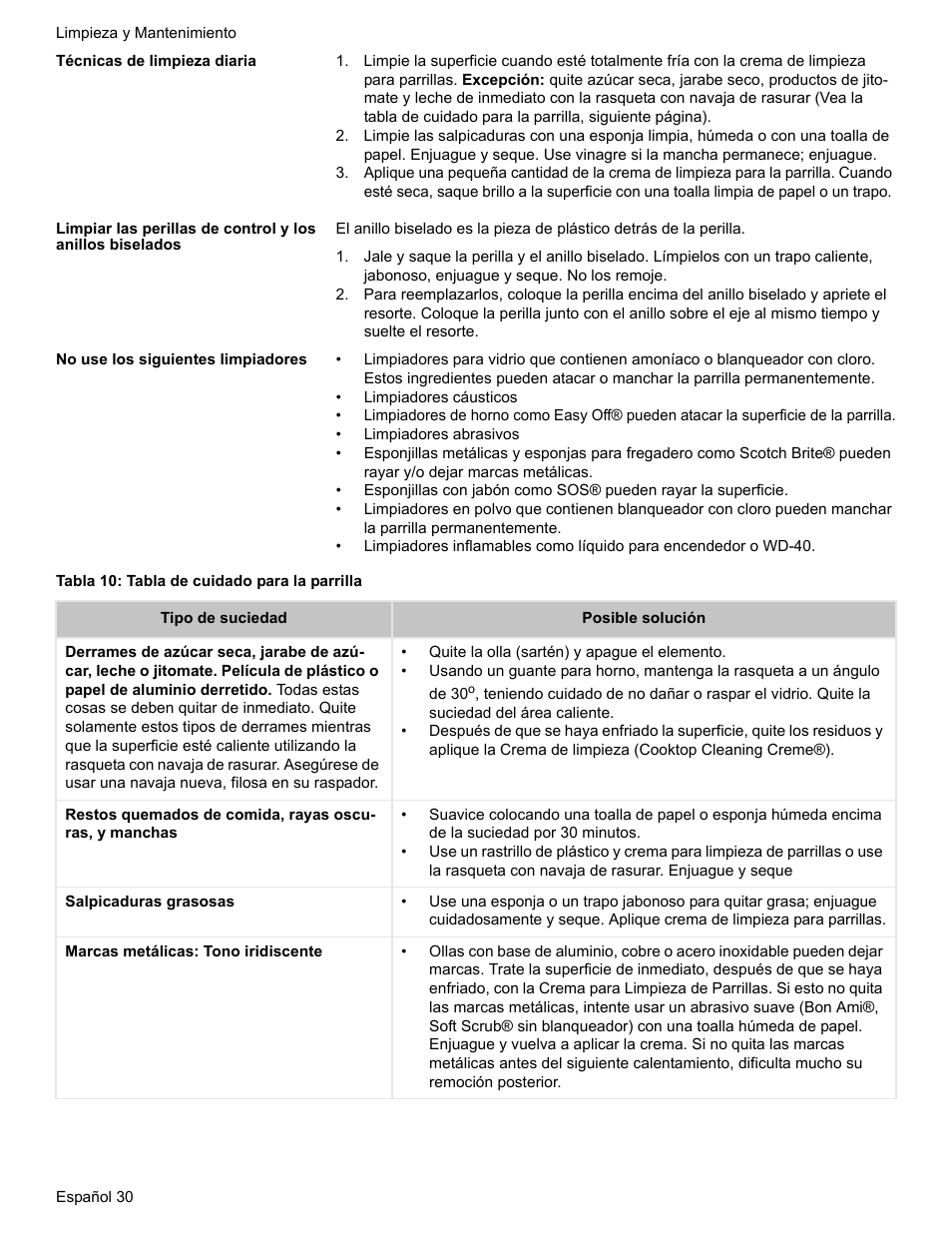 Técnicas de limpieza diaria, No use los siguientes limpiadores, Tabla 10: tabla de cuidado para la parrilla | Bosch ELECTRIC FREE-STANDING CONVECTION RANGE User Manual | Page 108 / 120