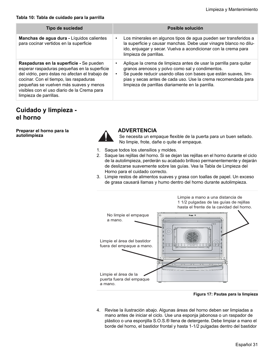 Cuidado y limpieza - el horno, Preparar el horno para la autolimpieza, Saque todos los utensilios y moldes | Figura 17: pautas para la limpieza | Bosch ELECTRIC FREE-STANDING CONVECTION RANGE User Manual | Page 109 / 120