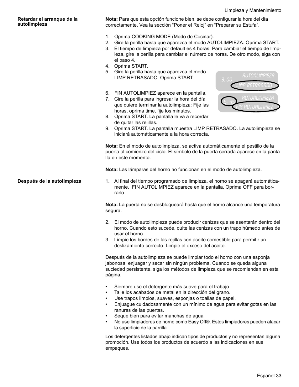 Retardar el arranque de la autolimpieza, Oprima cooking mode (modo de cocinar), Oprima start | Fin autolimpiez aparece en la pantalla, Después de la autolimpieza | Bosch ELECTRIC FREE-STANDING CONVECTION RANGE User Manual | Page 111 / 120