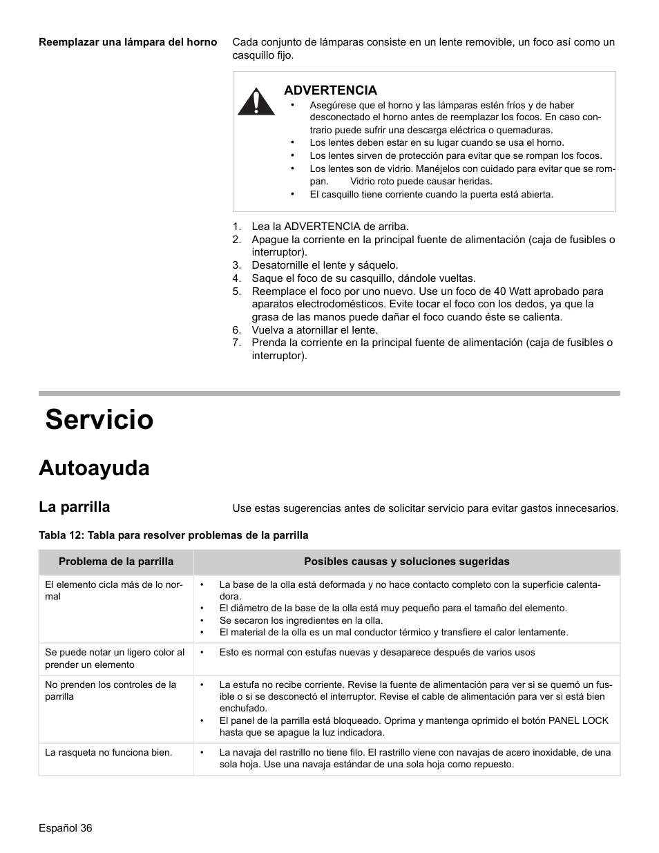 Reemplazar una lámpara del horno, Lea la advertencia de arriba, Desatornille el lente y sáquelo | Saque el foco de su casquillo, dándole vueltas, Vuelva a atornillar el lente, Servicio, Autoayuda, La parrilla | Bosch ELECTRIC FREE-STANDING CONVECTION RANGE User Manual | Page 114 / 120