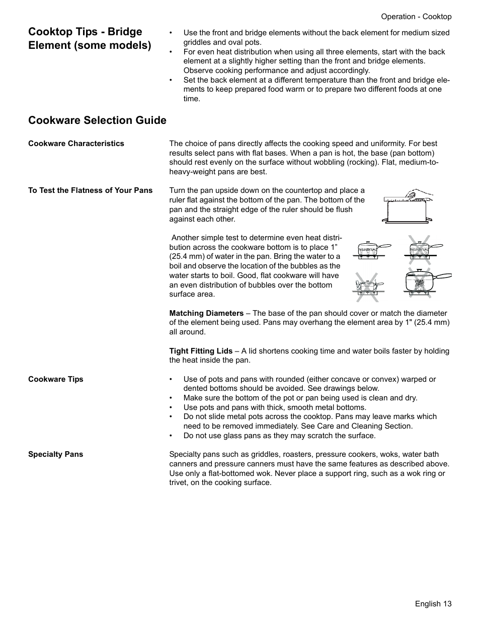 Cooktop tips - bridge element (some models), Cookware selection guide, Cookware characteristics | To test the flatness of your pans, Cookware tips, Specialty pans | Bosch ELECTRIC FREE-STANDING CONVECTION RANGE User Manual | Page 15 / 120