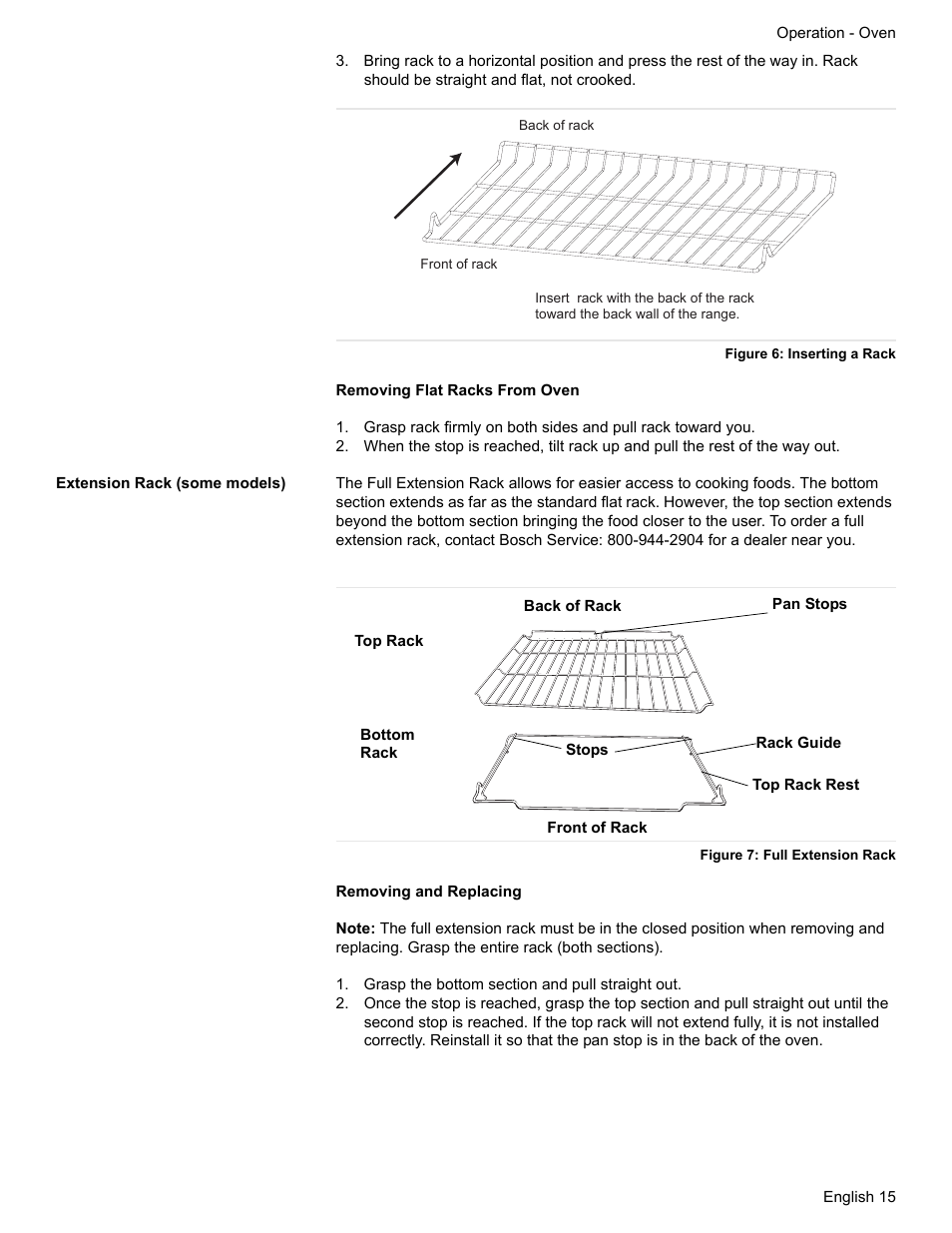 Figure 6: inserting a rack, Extension rack (some models), Figure 7: full extension rack | Grasp the bottom section and pull straight out | Bosch ELECTRIC FREE-STANDING CONVECTION RANGE User Manual | Page 17 / 120