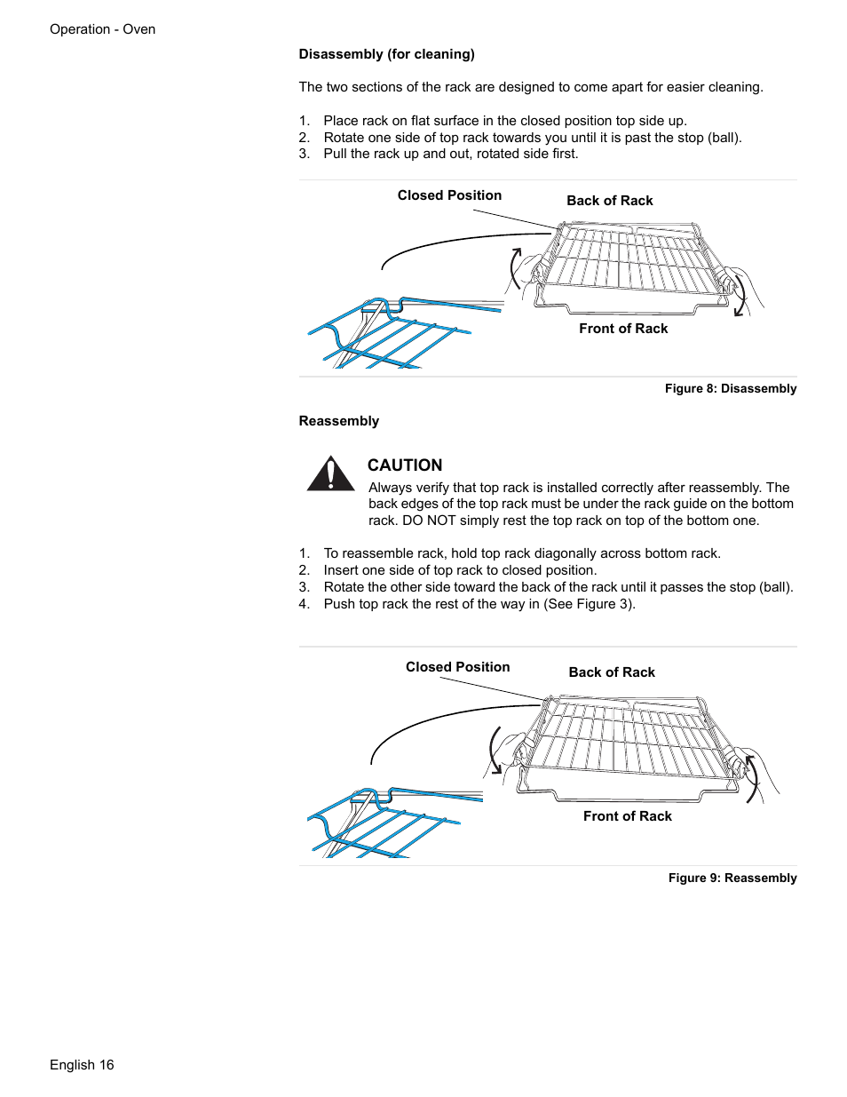 Pull the rack up and out, rotated side first, Figure 8: disassembly, Insert one side of top rack to closed position | Figure 9: reassembly | Bosch ELECTRIC FREE-STANDING CONVECTION RANGE User Manual | Page 18 / 120