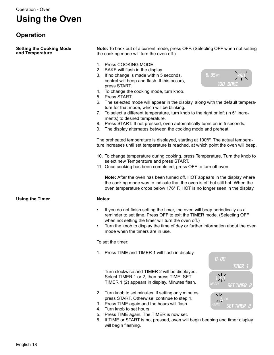 Using the oven, Operation, Setting the cooking mode and temperature | Press cooking mode, Bake will flash in the display, To change the cooking mode, turn knob, Press start, Using the timer, Press time and timer 1 will flash in display, Press time again and the hours will flash | Bosch ELECTRIC FREE-STANDING CONVECTION RANGE User Manual | Page 20 / 120