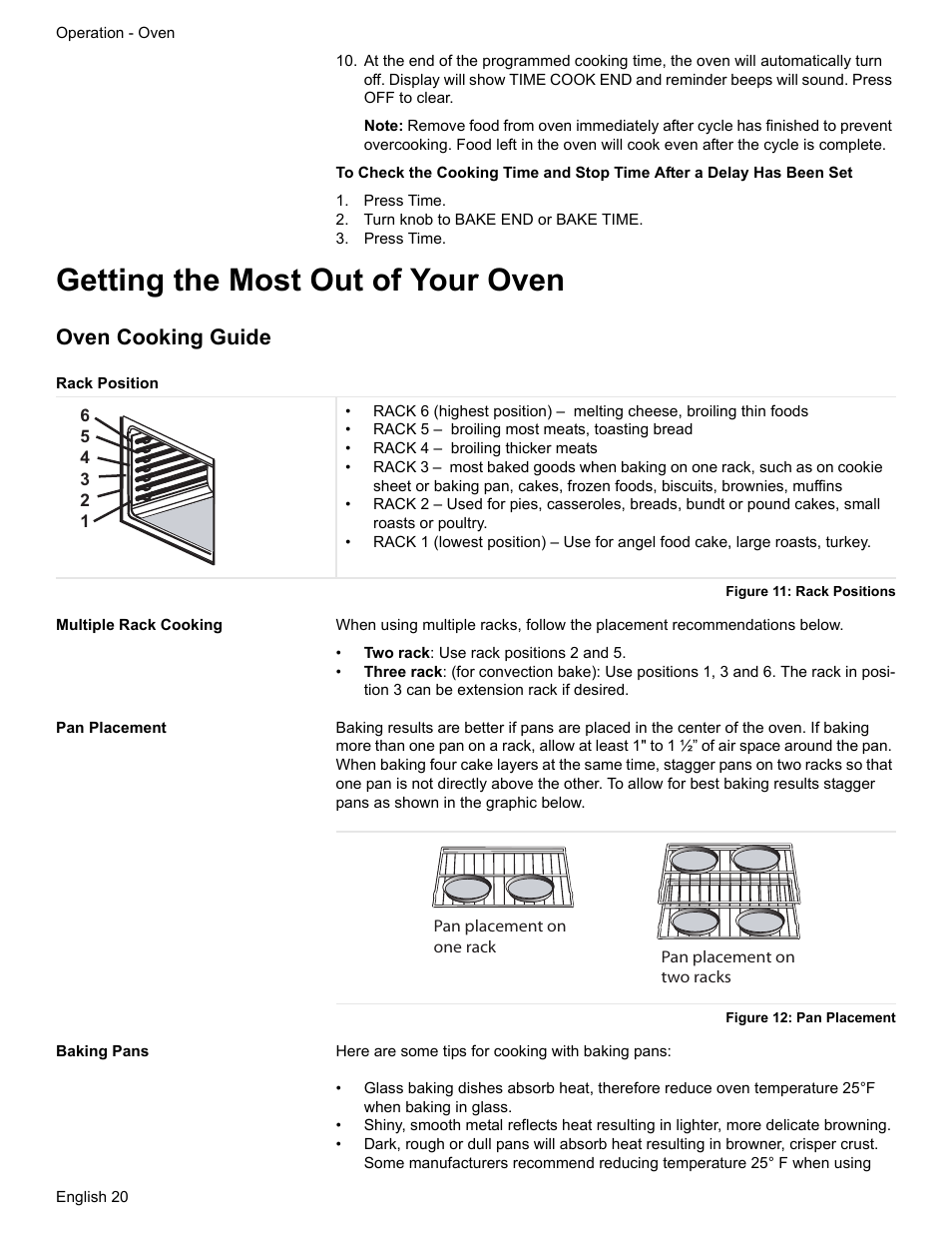 Press time, Turn knob to bake end or bake time, Getting the most out of your oven | Oven cooking guide, Rack position, Figure 11: rack positions, Multiple rack cooking, Pan placement, Figure 12: pan placement, Baking pans | Bosch ELECTRIC FREE-STANDING CONVECTION RANGE User Manual | Page 22 / 120