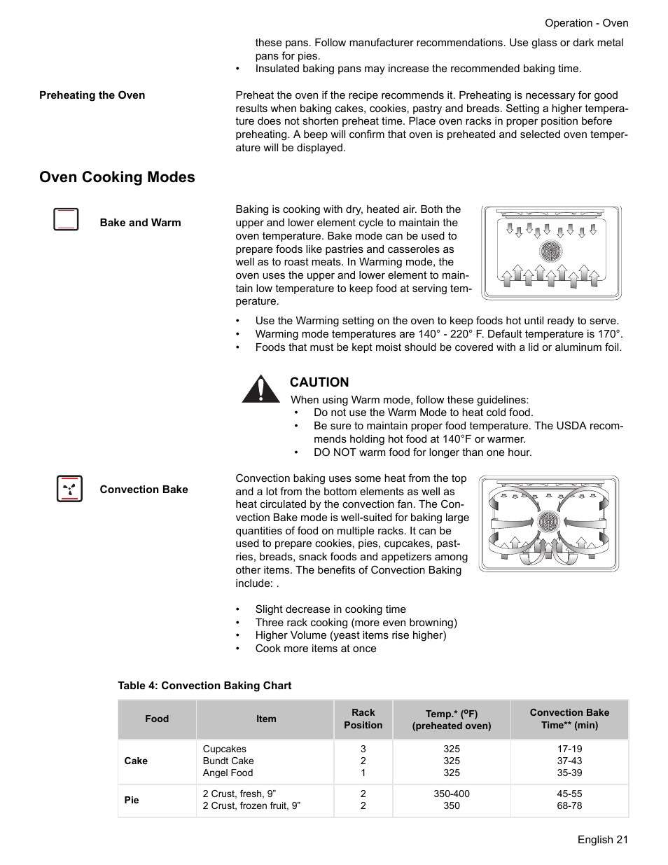 Preheating the oven, Oven cooking modes, Bake and warm | Convection bake, Table 4: convection baking chart | Bosch ELECTRIC FREE-STANDING CONVECTION RANGE User Manual | Page 23 / 120