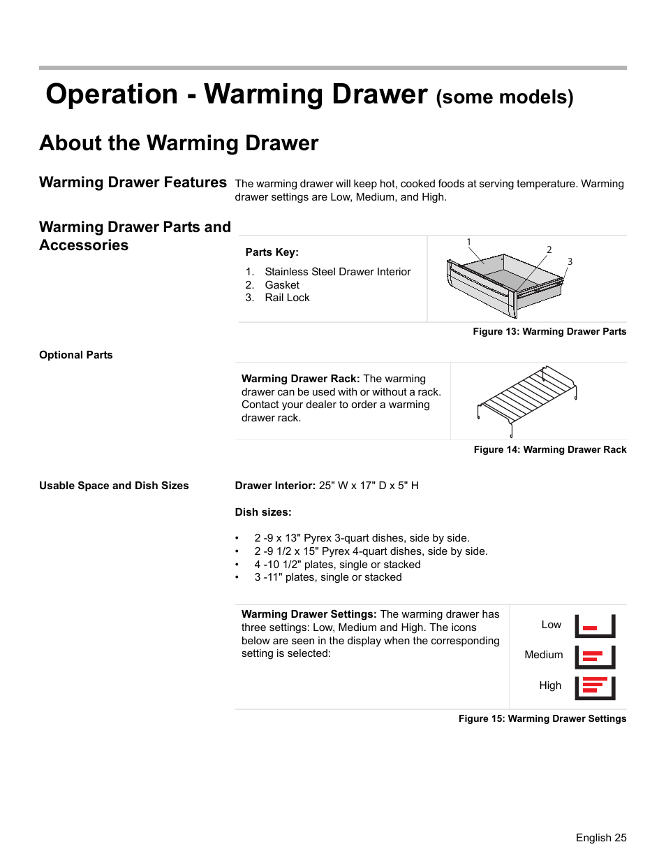 Operation - warming drawer (some models), About the warming drawer, Warming drawer features | Warming drawer parts and accessories, Stainless steel drawer interior, Gasket, Rail lock, Figure 13: warming drawer parts, Optional parts, Figure 14: warming drawer rack | Bosch ELECTRIC FREE-STANDING CONVECTION RANGE User Manual | Page 27 / 120