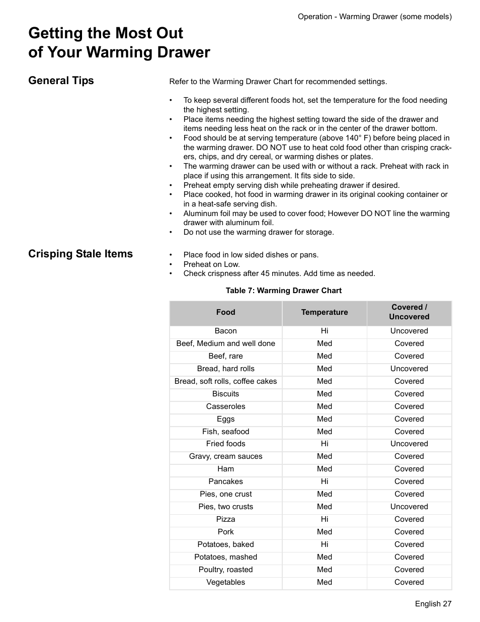 Getting the most out of your warming drawer, General tips, Crisping stale items | Table 7: warming drawer chart | Bosch ELECTRIC FREE-STANDING CONVECTION RANGE User Manual | Page 29 / 120